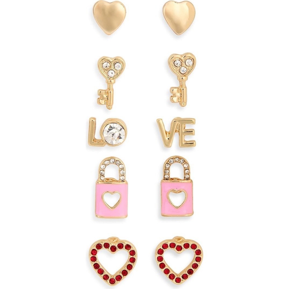 Leith Gold Heart Stud 5Pair Earring Set Love Lock Key Pink Red Valentine Jewelry - Picture 2 of 7